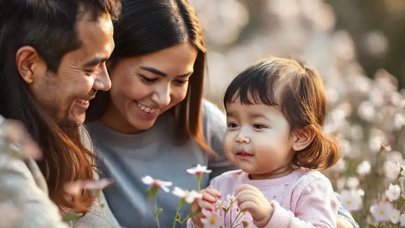 A peaceful family scene unfolds softly