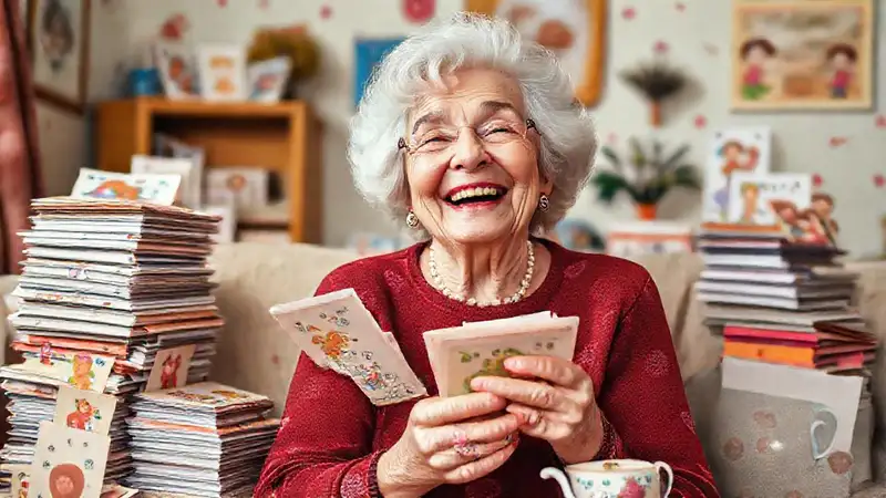 A joyful woman crafts cheerful cards