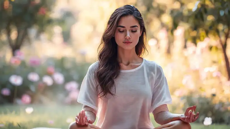 A serene woman meditates peacefully