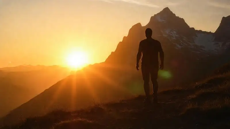 A determined figure ascends a sunrise path